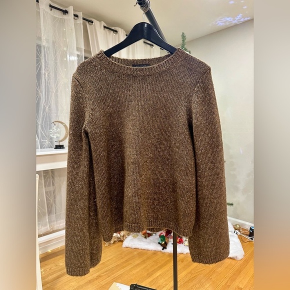 Ann Taylor Autumnal Warmth: Bronze Shimmer Knit Sweater with Cozy Appeal